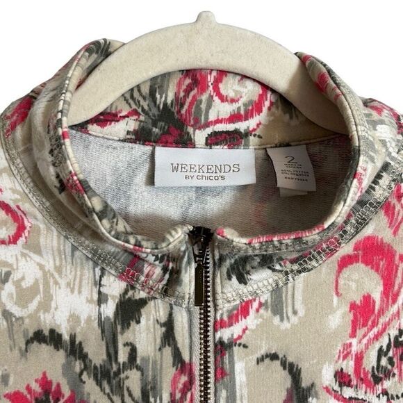 Chico’s Weekends soft zip front print three quarter sleeve transitional jacket L - Picture 3 of 12